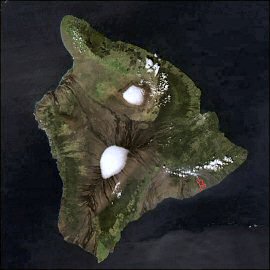 NASA photo of the Big of Hawaii showing snow on Mauna Loa and Mauna Kea